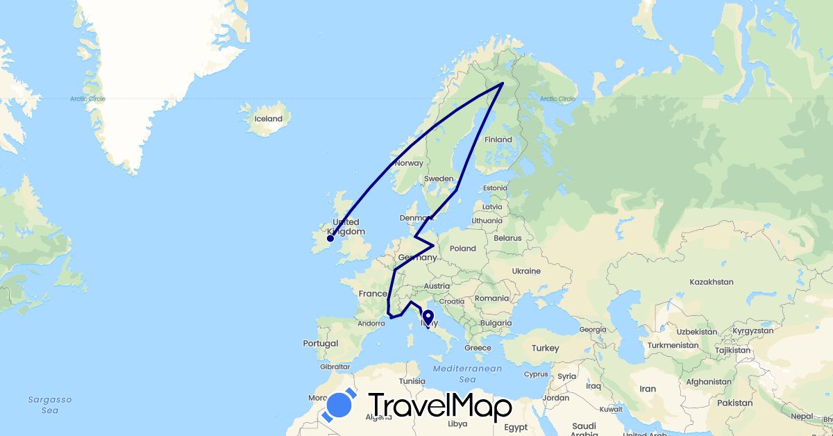 TravelMap itinerary: driving in Germany, Denmark, Finland, France, Ireland, Italy, Luxembourg, Sweden (Europe)